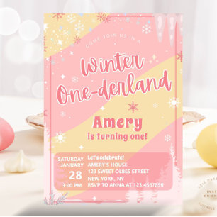 Invitación Invierno Rosa Onederland Brillo Plateado Cumpleaño