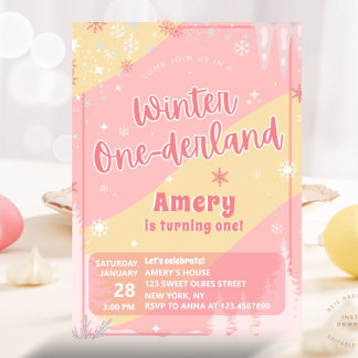 Invitación Invierno Rosa Onederland Brillo Plateado Cumpleaño
