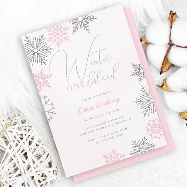 Invitación Invierno rosa Onederland Purpurina Plata Primer Cu (Subido por el creador)