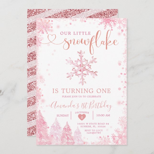 Invitación Invierno rosa Onederland Snowflake Primer cumpleañ (Anverso / Reverso)