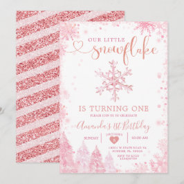 Invitación Invierno rosa Onederland Snowflake Primer cumpleañ