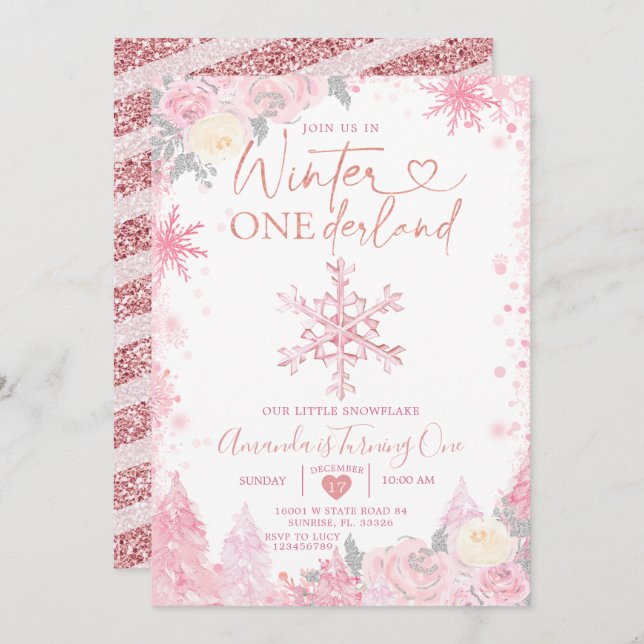 Invitación Invierno rosa Onederland Snowflake Primer cumpleañ (Anverso / Reverso)