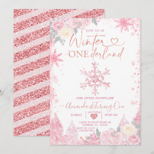 Invitación Invierno rosa Onederland Snowflake Primer cumpleañ
