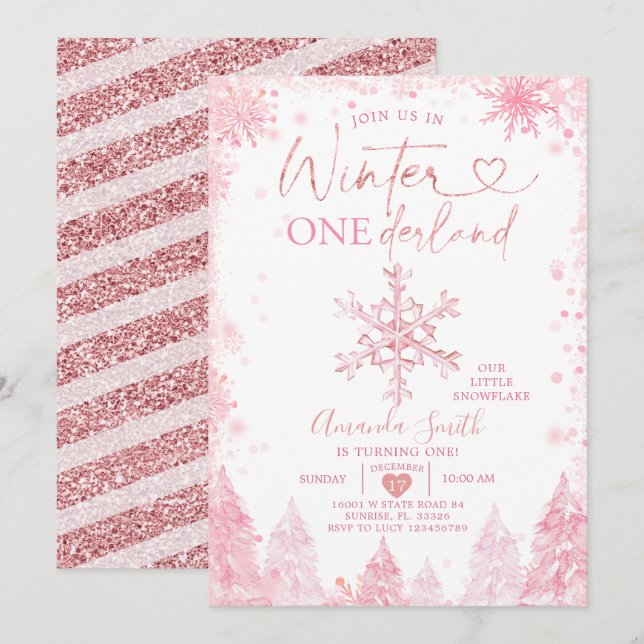 Invitación Invierno rosa Onederland Snowflake Primer cumpleañ (Anverso / Reverso)