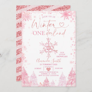 Invitación Invierno rosa Onederland Snowflake Primer cumpleañ