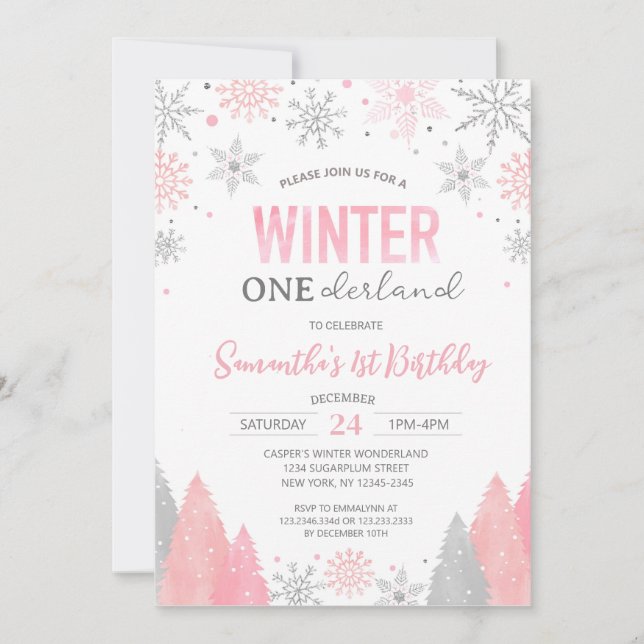 Invitación Invierno rosa Onederland Snowflakes 1er cumpleaños (Anverso)