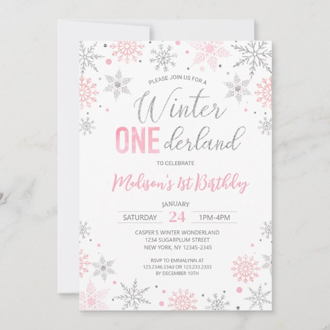 Invitación Invierno rosa Onederland Snowflakes Primer cumplea (Anverso)