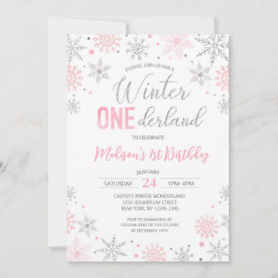 Invitación Invierno rosa Onederland Snowflakes Primer cumplea