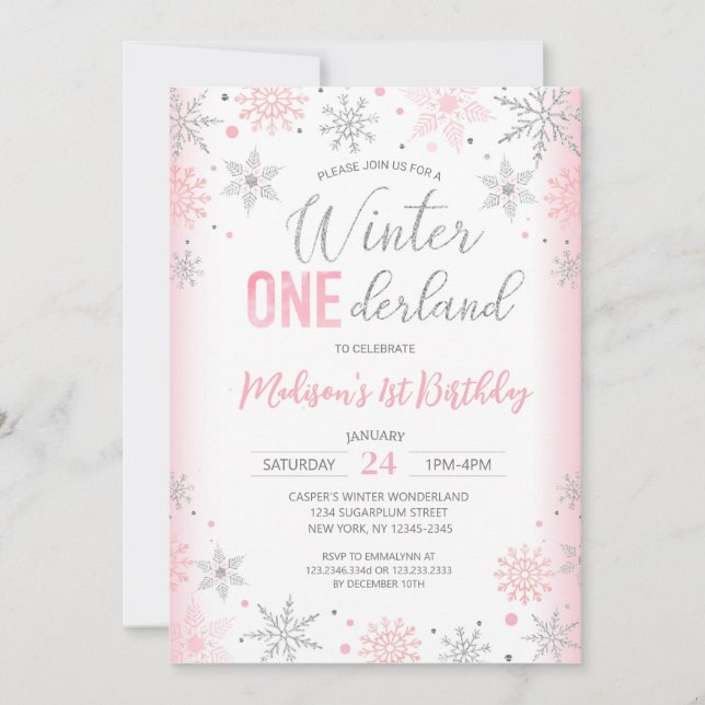 Invitación Invierno rosa Onederland Snowflakes Primer cumplea (Anverso)
