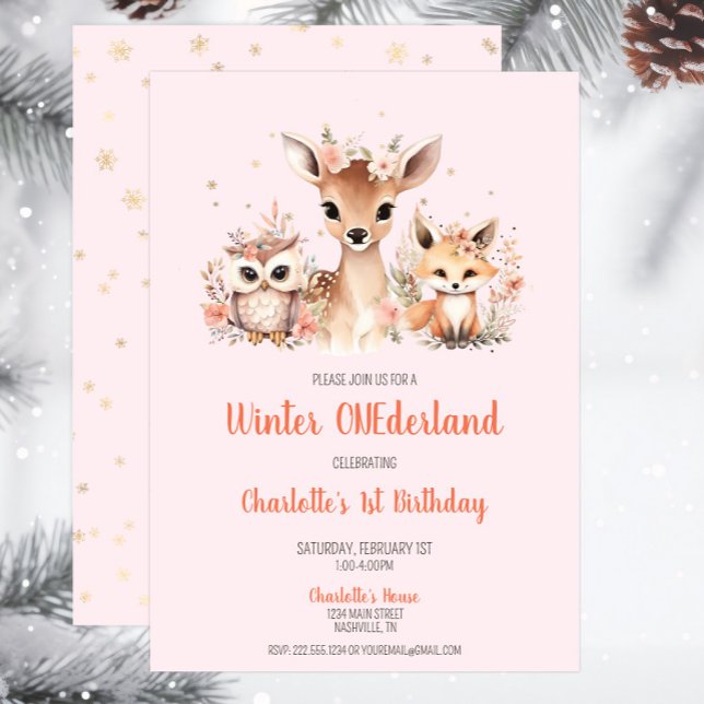 Invitación Invierno rosa Onederland Woodland Cumpleaños (Pink Snowflake Woodland Winter Onederland Birthday Invitation, Deer Owl Fox, Winter Wonderland)