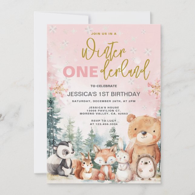 Invitación Invierno rosa Onederland Woodland Primer cumpleaño (Anverso)