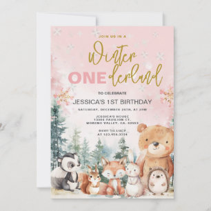 Invitación Invierno rosa Onederland Woodland Primer cumpleaño