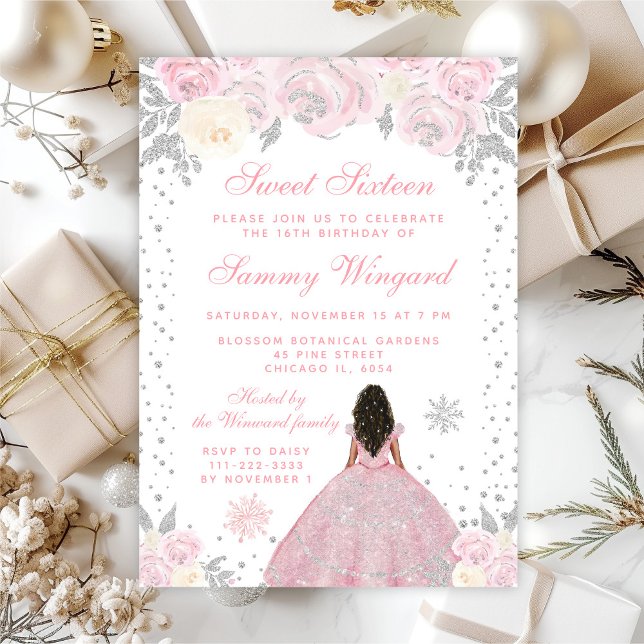 Invitación Invierno rosa Piel Oscura Princesa Dulce Dieciséis (Subido por el creador)