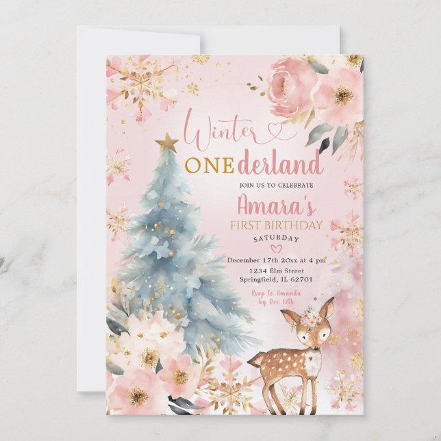 Invitación Invierno Rosa Terrestre Floral Deer Cumpleaños (Anverso)