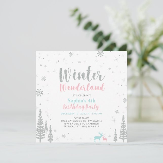 Invitación Invierno rosa y azul Maravilla Chica Cumpleaños (Anverso de pie)