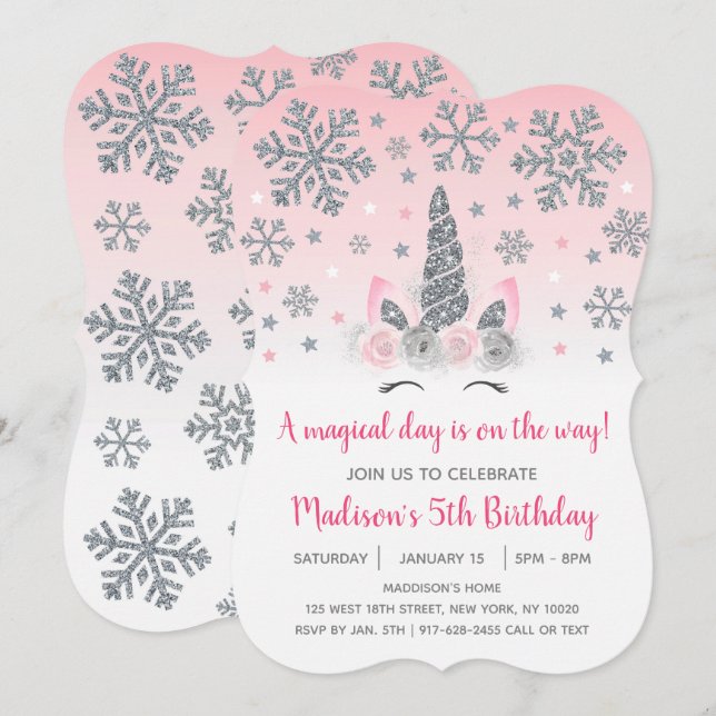 Invitación Invierno rosa y plata Unicornio cumpleaños mágico (Anverso / Reverso)
