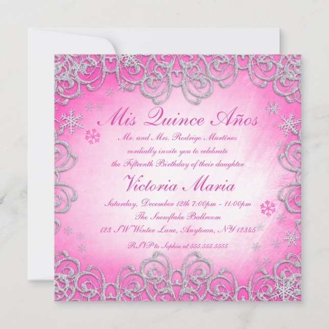 Invitación Invierno Rosado Maravilla De Nieve Quinceanera (Anverso)