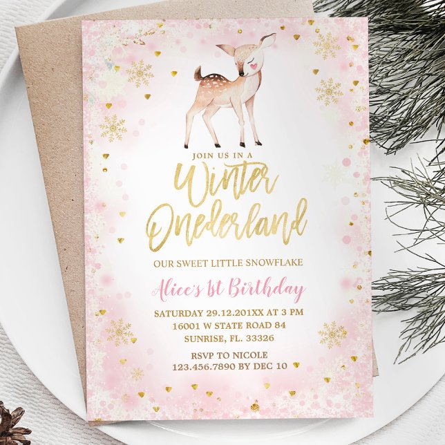 Invitación Invierno Rubor copos de nieve rosados Cumpleaños d (Subido por el creador)