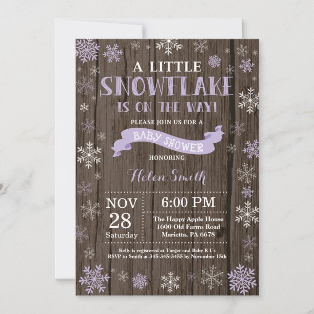 Invitación Invierno Rústico Baby Shower Purple Snowflake (Anverso)