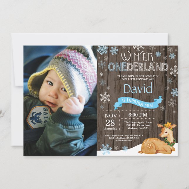 Invitación Invierno Rústico Onederland Deer 1er cumpleaños (Anverso)