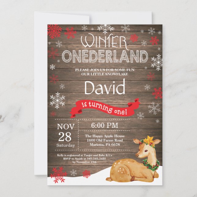 Invitación Invierno Rústico Onederland Deer 1er cumpleaños (Anverso)
