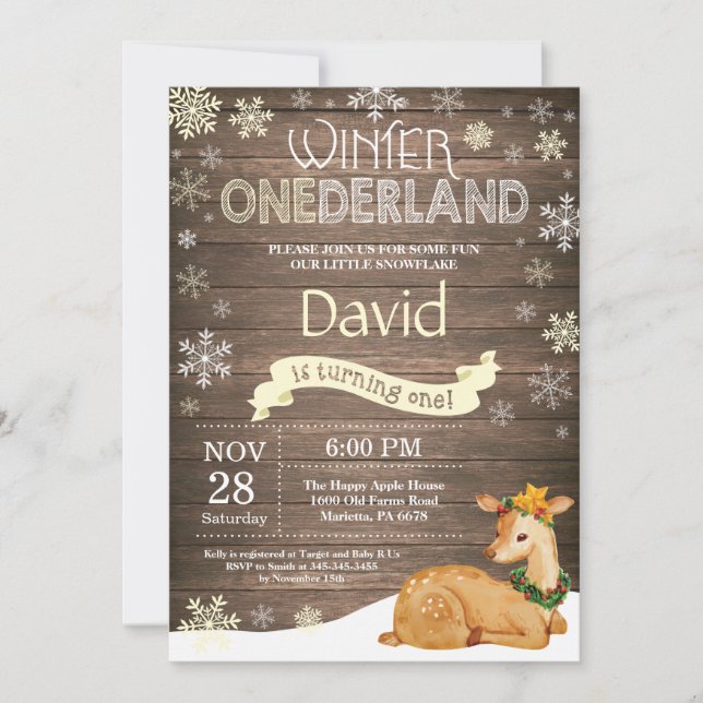 Invitación Invierno Rústico Onederland Deer 1er cumpleaños (Anverso)