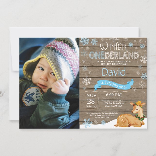 Invitación Invierno Rústico Onederland Deer 1er cumpleaños (Anverso)