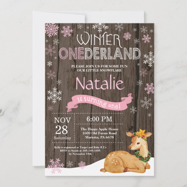 Invitación Invierno Rústico Onederland Deer 1er cumpleaños (Anverso)