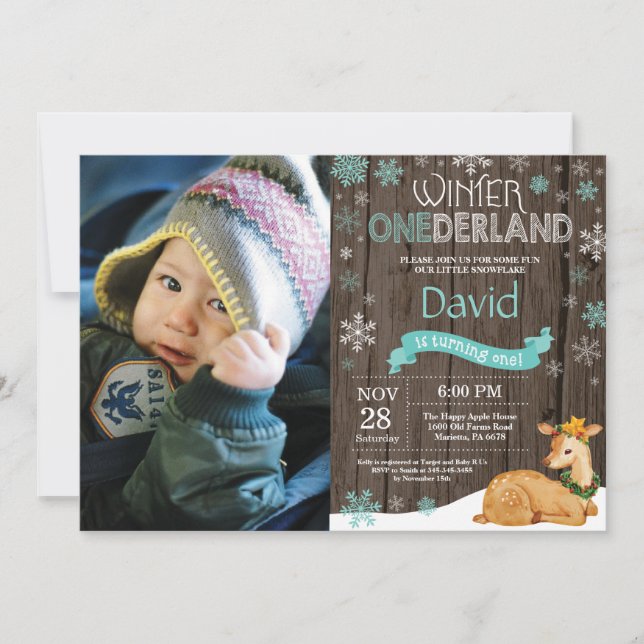 Invitación Invierno Rústico Onederland Deer 1er cumpleaños (Anverso)