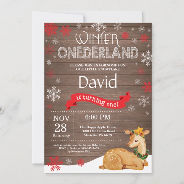 Invitación Invierno Rústico Onederland Deer 1er cumpleaños (Anverso)