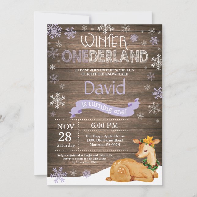 Invitación Invierno Rústico Onederland Deer 1er cumpleaños (Anverso)