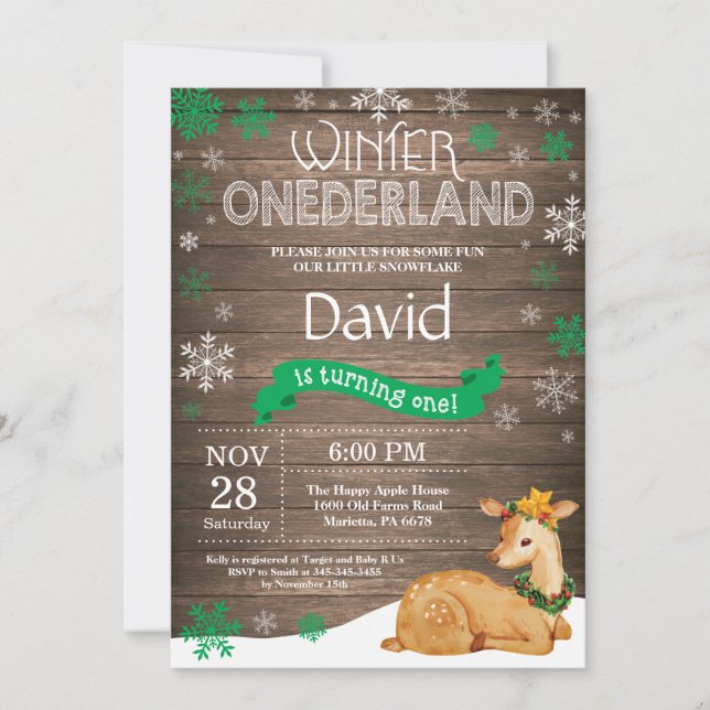 Invitación Invierno Rústico Onederland Deer 1er cumpleaños (Anverso)