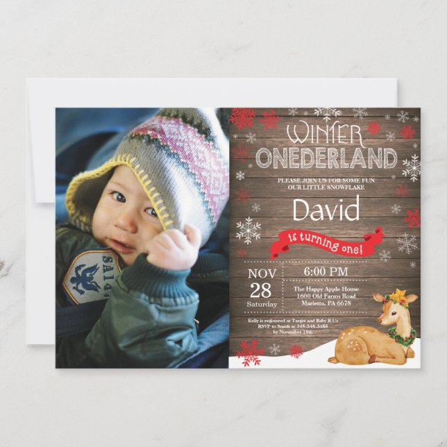 Invitación Invierno Rústico Onederland Deer 1er cumpleaños (Anverso)