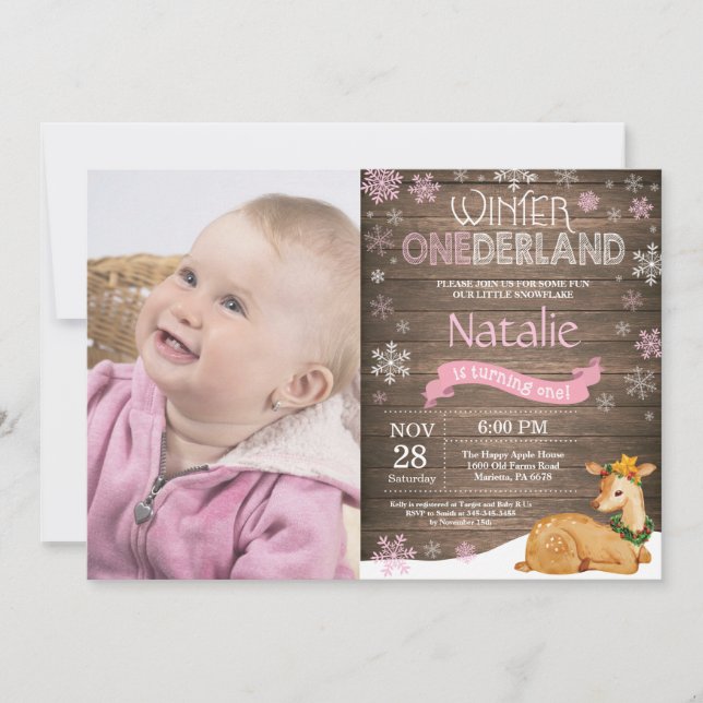 Invitación Invierno Rústico Onederland Deer 1er cumpleaños (Anverso)