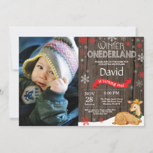 Invitación Invierno Rústico Onederland Deer 1er cumpleaños
