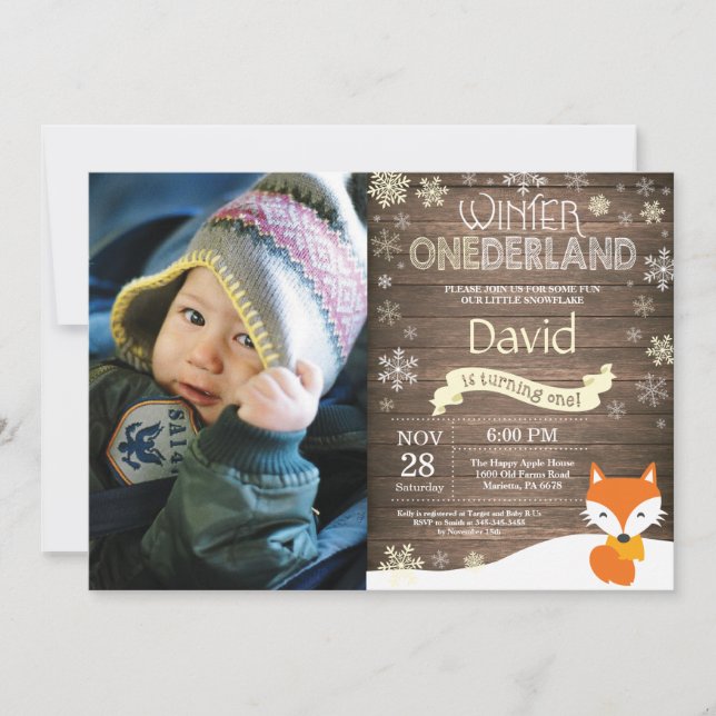 Invitación Invierno Rústico Onederland Fox 1er cumpleaños (Anverso)