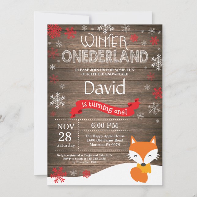 Invitación Invierno Rústico Onederland Fox 1er cumpleaños (Anverso)