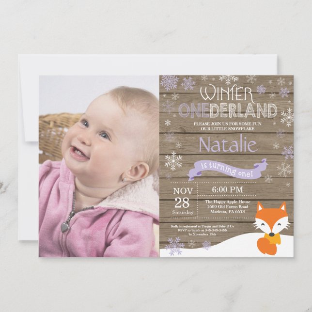 Invitación Invierno Rústico Onederland Fox 1er cumpleaños (Anverso)