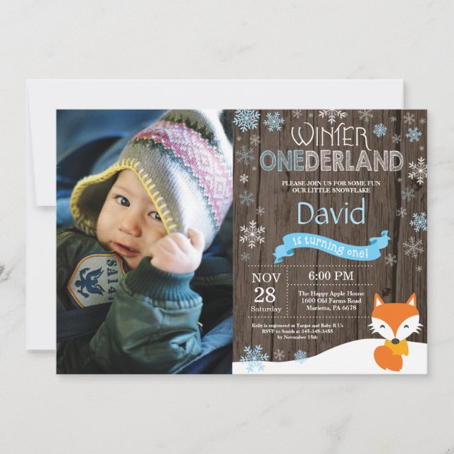 Invitación Invierno Rústico Onederland Fox 1er cumpleaños (Anverso)