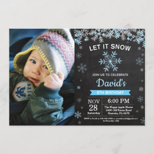 Invitación Invierno Rústico Snowflake Blue Silver Boy Cumplea