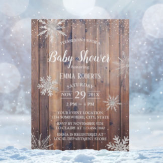 Invitación Invierno Rústico Snowflakes Barn Wood Baby Shower