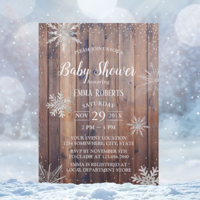 Invitación Invierno Rústico Snowflakes Barn Wood Baby Shower (Subido por el creador)