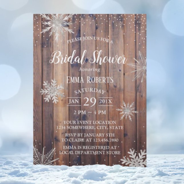 Invitación Invierno Rústico Snowflakes Barn Wood Bridal Showe (Subido por el creador)