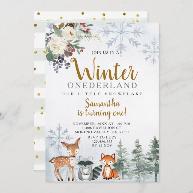 Invitación Invierno Snowflake Sleigh Birthday Animals Woodlan (Anverso / Reverso)