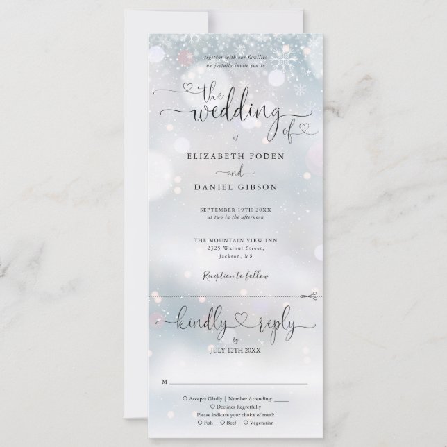Invitación Invierno Snowflakes Heart Script Todo En Un Boda (Anverso)