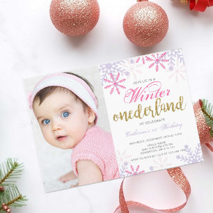 Invitación Invierno Terranova Primer cumpleaños bebé niña ros