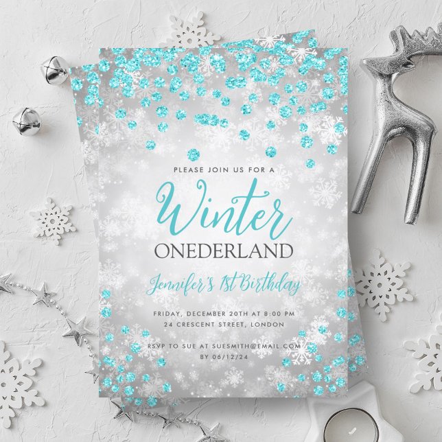 Invitación Invierno Turquesa Plata ONEDERLAND 1º cumpleaños (Silver Turquoise Winter ONEDERLAND 1st Birthday Invitation)