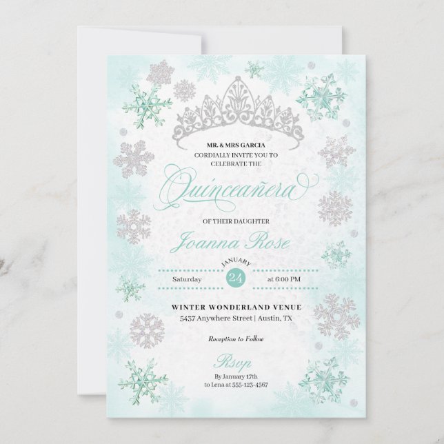 Invitación Invierno Turquesa Wonderland Snowflake Quinceanera (Anverso)