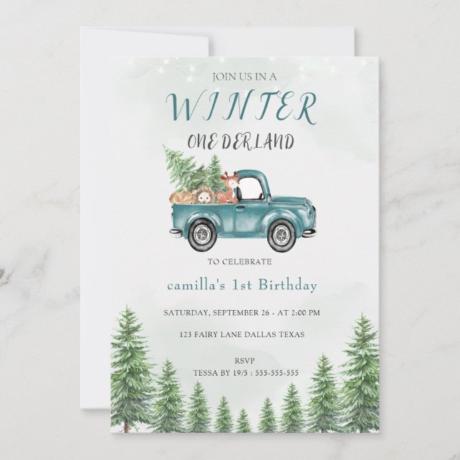 Invitación Invierno UNO Derland Green Truck Birthday Party (Anverso)