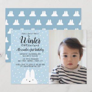 Invitación Invierno UNOerland Niño Foto 1er Cumpleaños Azul